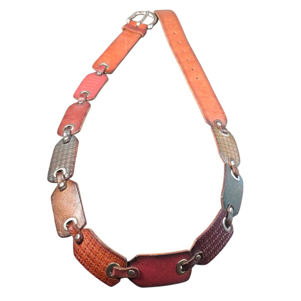 Vintage Fossil Genuine Leather Belt 44” Multicolor Link Brass Buckle